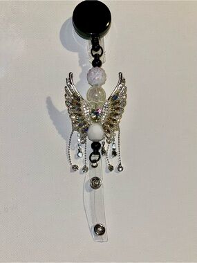 Iridescent Crystal Angel Wing Badge Reel w/White Bead Accents-Faceted, Pavé, Etc